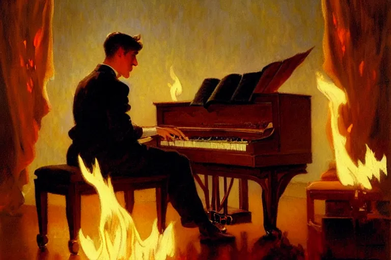 Image similar to attractive male playing piano in fire, painting by gaston bussiere, craig mullins, j. c. leyendecker