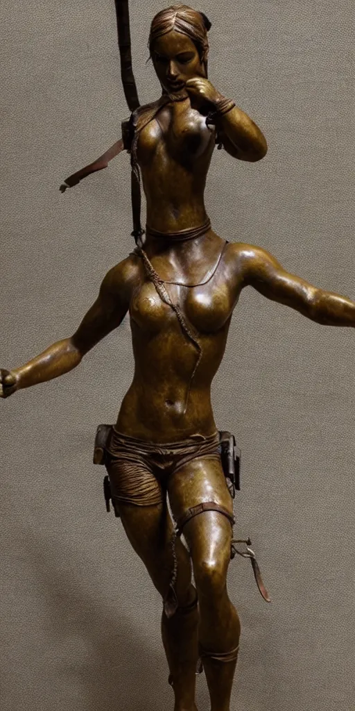 Image similar to detailed photo of old bronze patina statue of a lara croft dancing woman, full body, photorealism, intricate detail, museum diffuse lighting