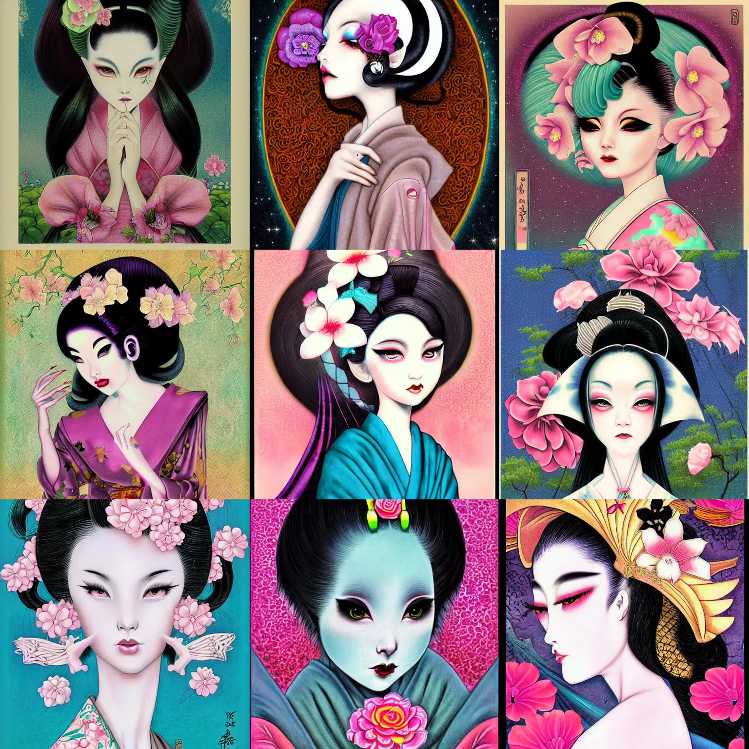 Prompt: digital painting of an pastle goth geisha by terese nielsen, mark ryden, lori earley in the style of, vintage shoujo, fantastic planet, 6 0 s poster art, minimalist poster art, flowers, stipple art, artgerm