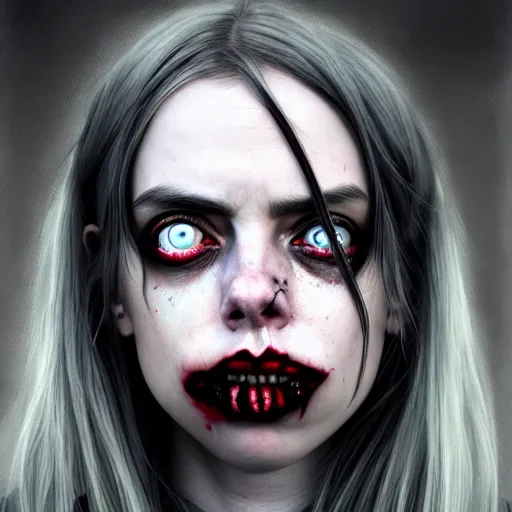 Prompt: gorgeous female Billie Eilish zombie, realistic character concept, medium shot, sarcastic pose, spooky, illustration, horror, symmetrical face and body, realistic eyes, artstation, cinematic lighting, hyperdetailed, detailed realistic symmetrical eyes, cgsociety, 8k, high resolution, Charlie Bowater, Tom Bagshaw, Norman Rockwell, single face, insanely detailed and intricate, beautiful, elegant, graveyard background, vfx, postprocessing