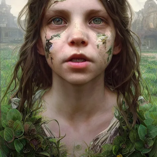 Image similar to portrait painting of green children of woolpit, ultra realistic, concept art, intricate details, eerie, highly detailed, photorealistic, octane render, 8 k, unreal engine. art by artgerm and greg rutkowski and alphonse mucha