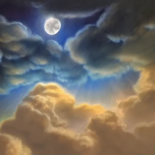 Image similar to wide shot falcor the luck dragon flying above clouds in the moonlight god rays hyperrealism