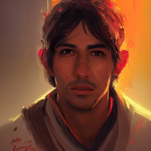 Image similar to portrait of a man by greg rutkowski, a young jedi night, arabian features, messy long black hair, wearing an orange flying jacket, star wars expanded universe, he is about 2 0 years old, highly detailed portrait, digital painting, artstation, concept art, smooth, sharp foccus ilustration, artstation hq