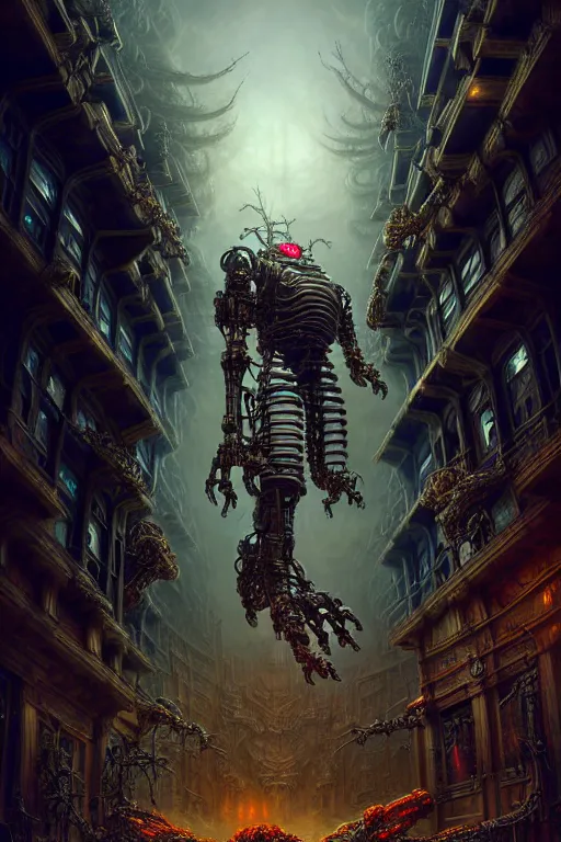 Image similar to A photorealistic 3d render of a robot monster cyborg made of circuits wide view shot by ellen jewett , tomasz alen kopera and Justin Gerard symmetrical features, ominous, magical realism, texture, intricate, ornate, royally decorated, android format, windows, many doors, roofs, complete house , whirling smoke, embers, red adornments, red torn fabric, radiant colors, fantasy, trending on artstation, volumetric lighting, micro details, 3d sculpture, ray tracing, 8k