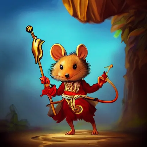 Image similar to anthropomorphic Rat with a filigran golden diadem that has a red feather sticking out from it, in an action pose, with epee in hand, sunset lighting, trending on Artstation