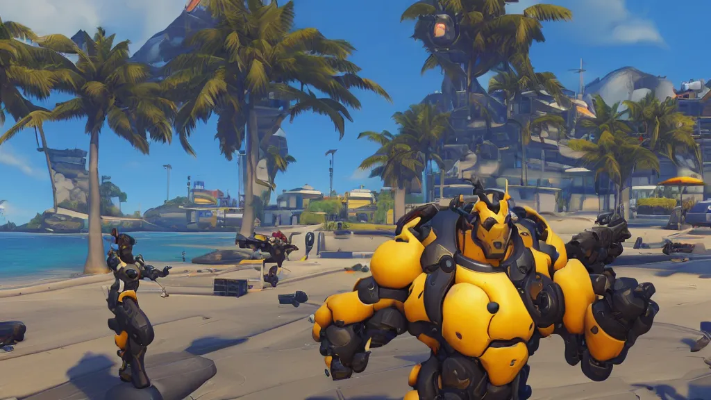 Image similar to Screenshot from Overwatch, at the beach