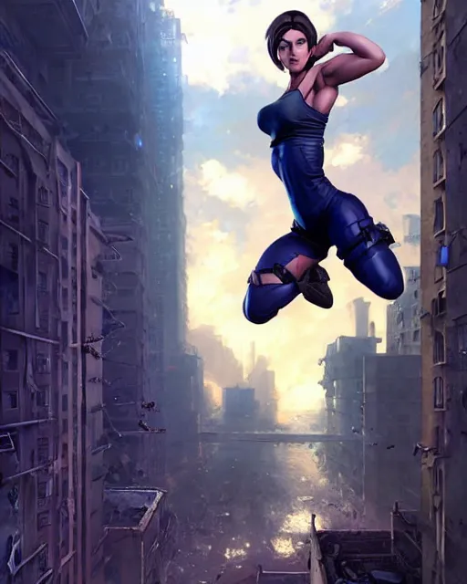 Image similar to gigachad jill valentine bodybuilder jumping from a building fighting in racoon city, fantasy character portrait, ultra realistic, anime key visual, full body concept art, intricate details, highly detailed by greg rutkowski, ilya kuvshinov, gaston bussiere, craig mullins, simon bisley