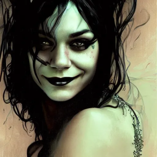 Image similar to beautiful portrait of vanessa hudgens as death from sandman, smiling, by cedric peyravernay, alphonse mucha, by jeremy mann, by lecouffe deharme, goth chic, soft lightning, eyeliner, punk rock, high detailed, 8 k