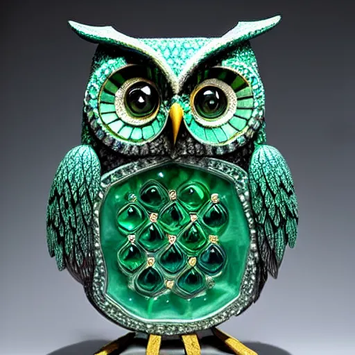 Prompt: symmetrical detailed sculpture of an owl, made of Emerald and Pearl