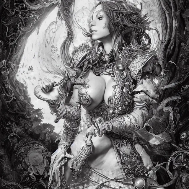 Image similar to the portrait of chaotic good female druid alchemist as absurdly beautiful, gorgeous, elegant, young gravure idol, an ultrafine hyperdetailed illustration by kim jung gi, irakli nadar, intricate linework, sharp focus, bright colors, octopath traveler, final fantasy, unreal engine 5 highly rendered, global illumination, radiant light, detailed and intricate environment