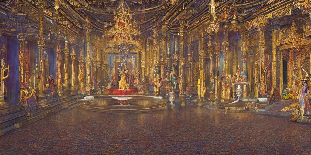 Prompt: a painting of inside a temple celebrating a queen being crowned, maxinalist tile floor, abstract windows, godrays, chandelier, pillars of marble, fountain of water, art by JohannesVoss, Ron Spencer, Scott Fischer, Aleksi Briclot, trending on artstation