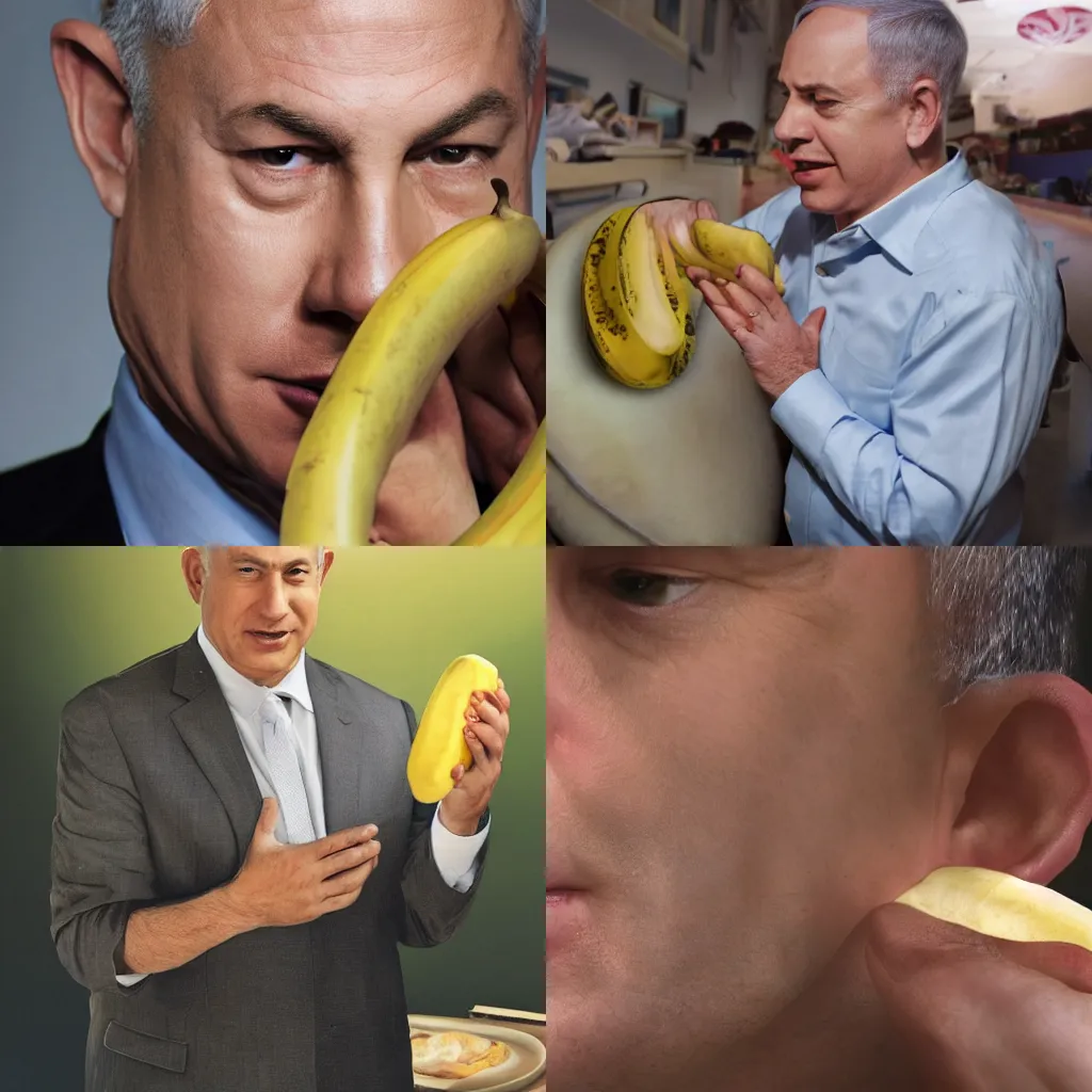 Prompt: benjamin netanyahu eating a banana realistic photography