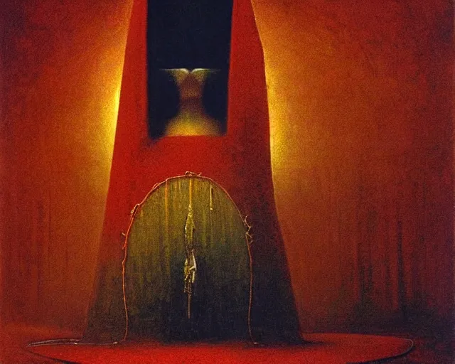 Image similar to devotion to the scarlet woman, priestess in a conical hat, coronation, ritual, sacrament, by francis bacon, beksinski, mystical redscale photography evocative, luxury, opulence, maximalism