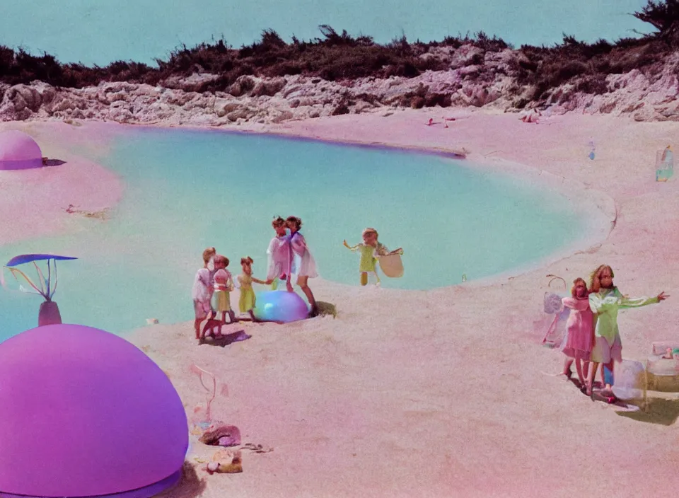 Prompt: a pastel coloured vintage family holiday photo of an empty beach from an alien dreamstate world with chalky pink iridescent!! sand, reflective lavender ocean water, dim bioluminescent plant life and an igloo shaped plastic transparent restaurant including clutter opposite a pit with an iridescent blue flame flickering. glare. refraction, volumetric light.