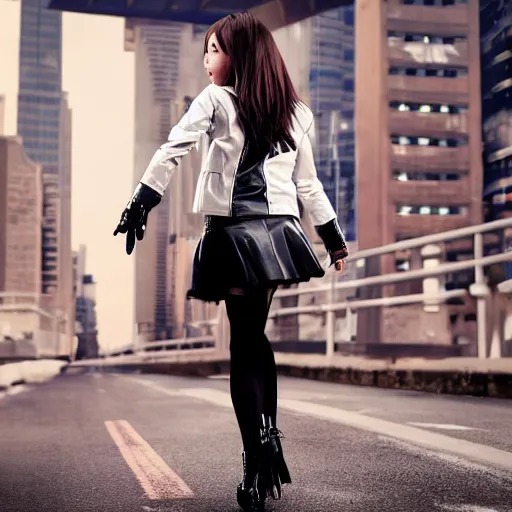 Image similar to a dynamic, epic cinematic 8K HD movie shot of a japanese beautiful cute young J-Pop idol actress yakuza rock star girl wearing leather jacket, miniskirt, nylon tights, high heels boots, gloves and jewelry. Motion, VFX, Inspirational arthouse, at Behance, with Instagram filters