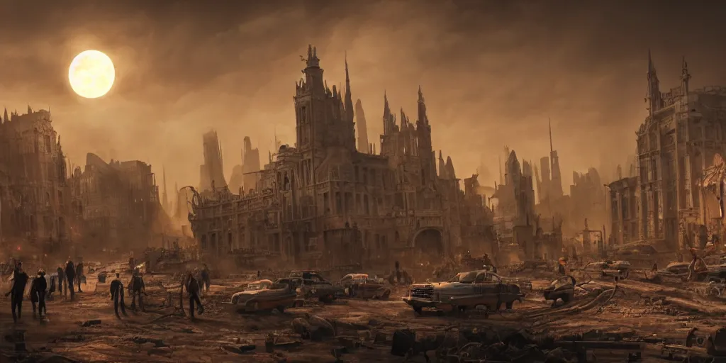 Prompt: a cinematic movie scene, 2 0 0 mm wide shot, a post - apocalyptic city with monuments, a dark yellow moon, bustling with people and flying cars, gothic environment, detailed illustration, sharp focus, concept art, unreal engine, octane render, god rays h 7 6 8
