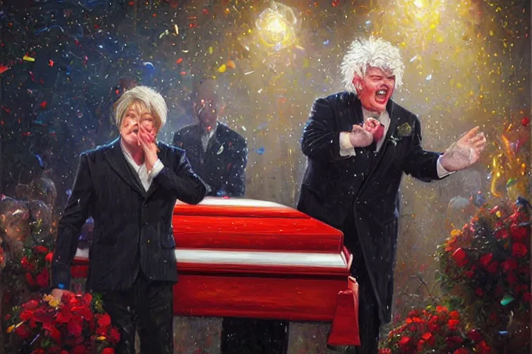 Image similar to portrait of rip taylor throwing confetti during a funeral service, an oil painting by ross tran and thomas kincade