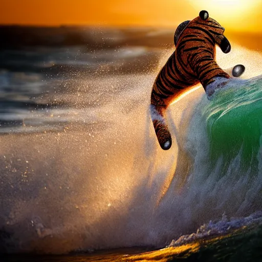 Image similar to a closeup photorealistic photograph of a knitted tiger hippopotamus riding a large wave during sunset. surf in the background. professional capture. brightly lit scene. this 4 k hd image is trending on artstation, featured on behance, well - rendered, extra crisp, features intricate detail, epic composition and the style of unreal engine.