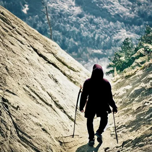 Prompt: person with hoodie walking up a mountain with a backpack that has katanas on the sides, anime, amazing composition, astonishing detail, smooth lines, beautiful scenery