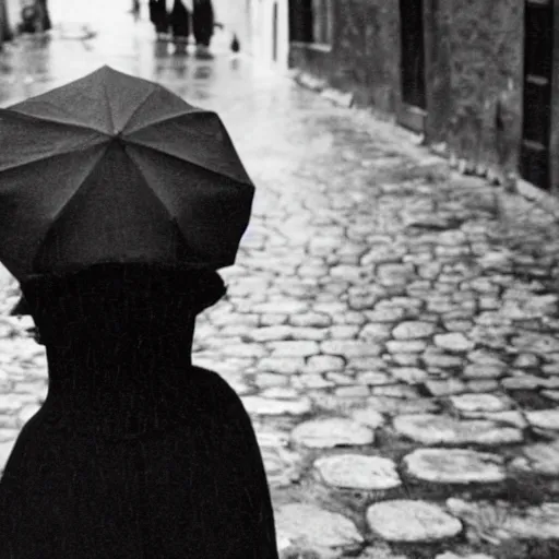 Image similar to fine art photograph of a woman seen from behind she is waiting for the rain to stop, cobblestone street, by henri cartier - bresson