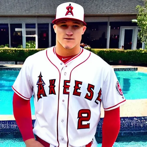 Image similar to “a realistic detailed photo of a guy who is named Mike Trout a baseball player, frozen like a statue, with shiny skin, by a pool, on display”