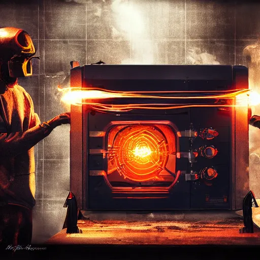 Image similar to cyborg toaster oven repairman, dark messy smoke - filled cluttered workshop, dark, dramatic lighting, orange tint, sparks, plasma rays, cinematic, highly detailed, sci - fi, futuristic, movie still