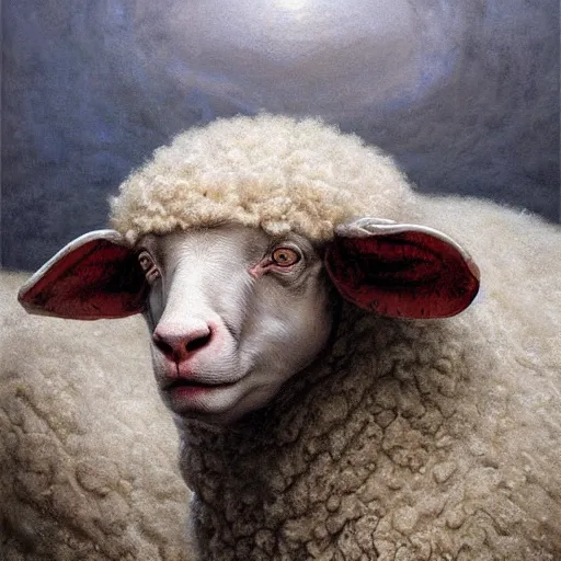 Image similar to vladimir putin, sheep chimera vladimir putin, putin face chimera, macabre, horror, by donato giancola and greg rutkowski and wayne barlow and zdzisław beksinski, digital art