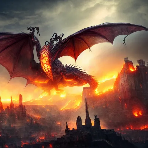 Prompt: dragon destroying a city with fire, apocalyptic fantasy, digital art, 4 k, game of thrones