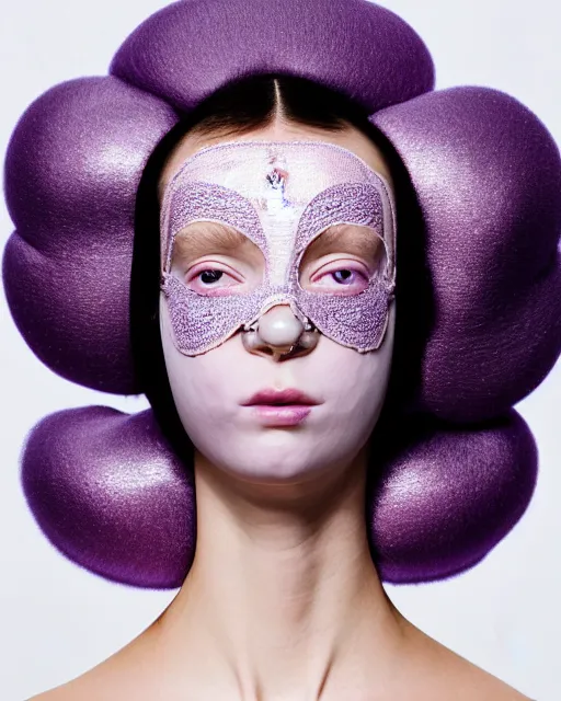 Image similar to symmetrical close - up portrait of a woman wearing a lilac metallic embroidered beauty mask and hair buns, wearing a black bodysuit by alexander mcqueen, cream white background, soft light, biotechnology, humanoide robot, bjork aesthetic, translucent, by rineke dijkstra, intricate details, highly detailed, masterpiece,