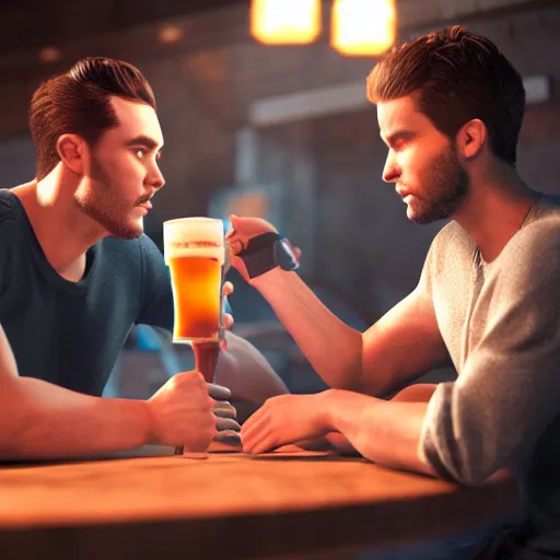 Image similar to cinematic scene with attractive male and another attractive male, shorts, drinking their hearts out, in the pub, high definition, very detailed, volumetric lighting, still frame