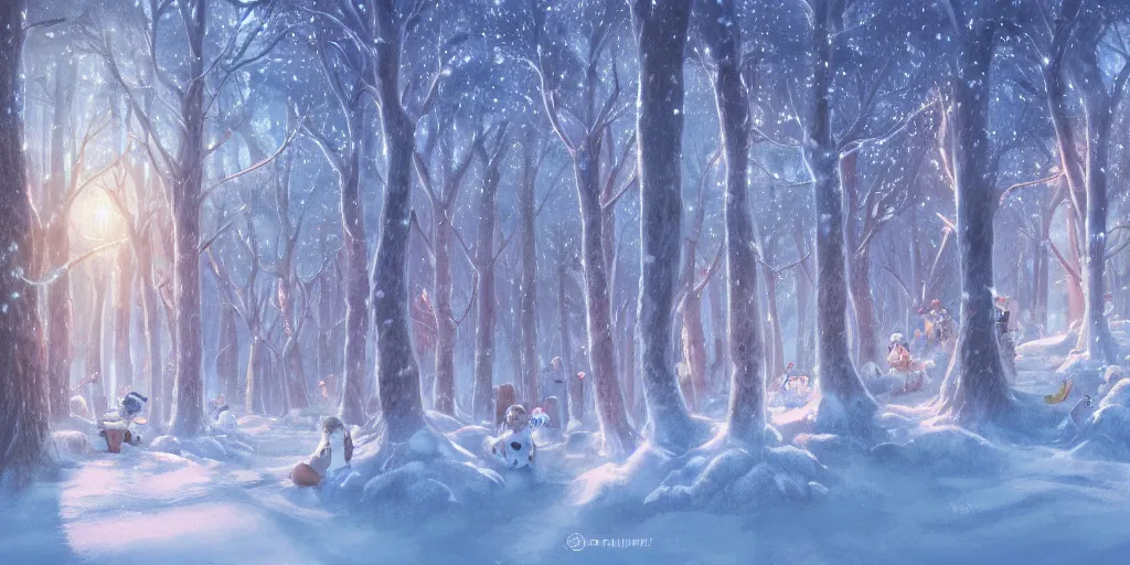 Prompt: high quality illustration of an enchanted magical winter forest : : day time, sunshine, glowing snow, amazing mood : : art by daisuke tsutsumi and ghibli studio, artstation art