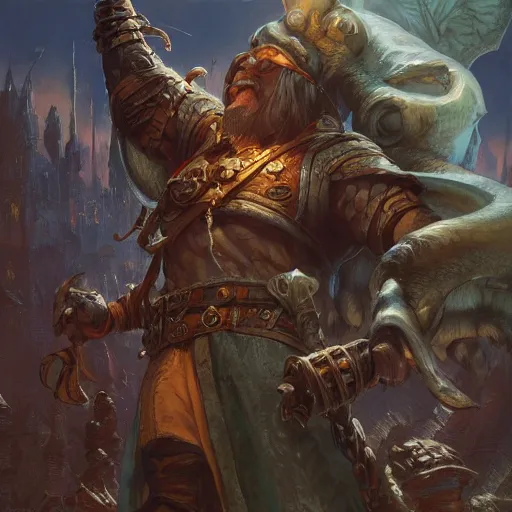 Image similar to D&D Merchant selling you his wares, fantasy closeup character art by Neil Roberts and Marc Lee and Vladimir Krisetskiy and Donato Giancola and Craig Mullins, digital art, trending on artstation