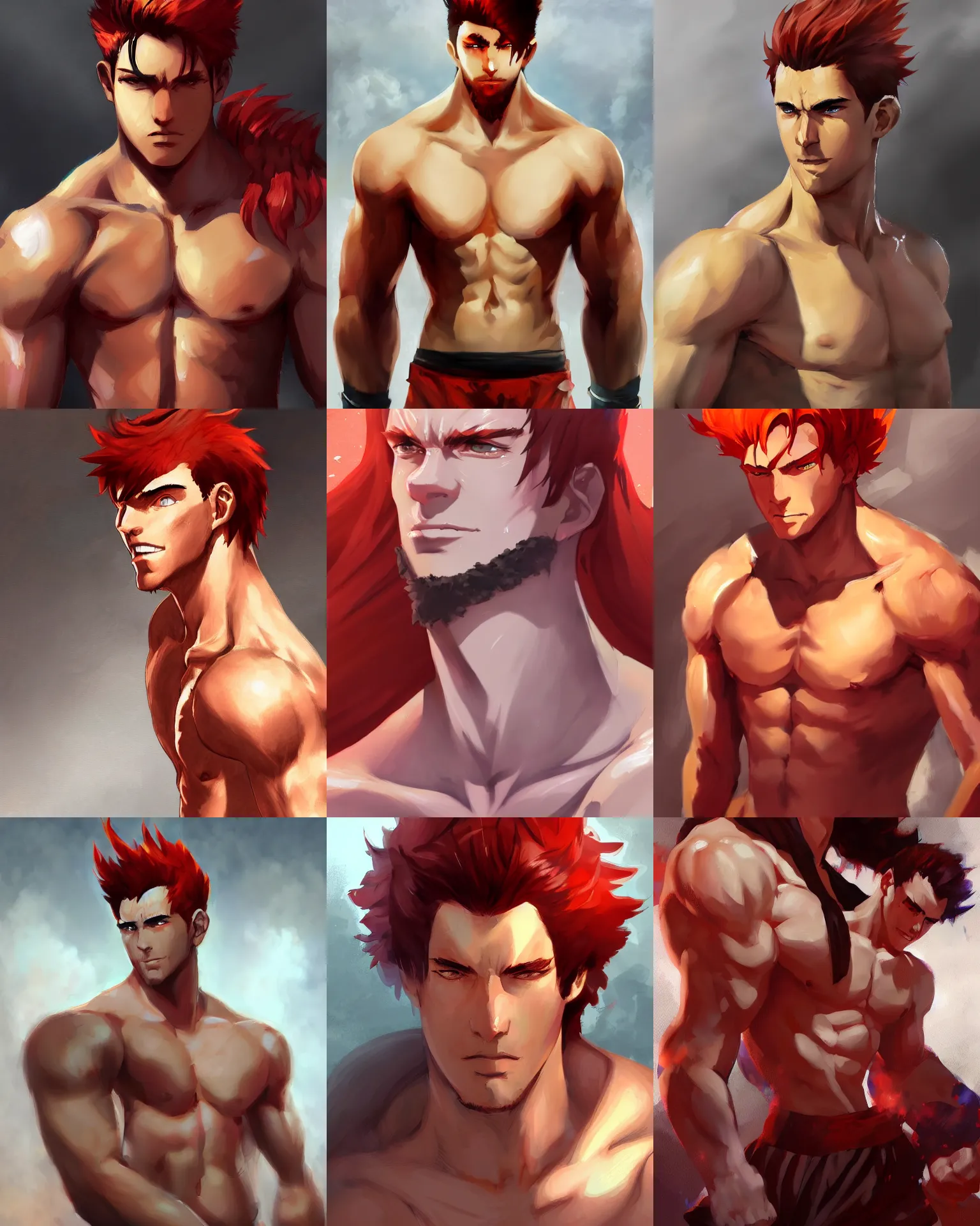 Prompt: An epic digital painting art of a portrait of a shirtless martial artist with fiery hair in the style of Cushart Krenz, trending on ArtStation