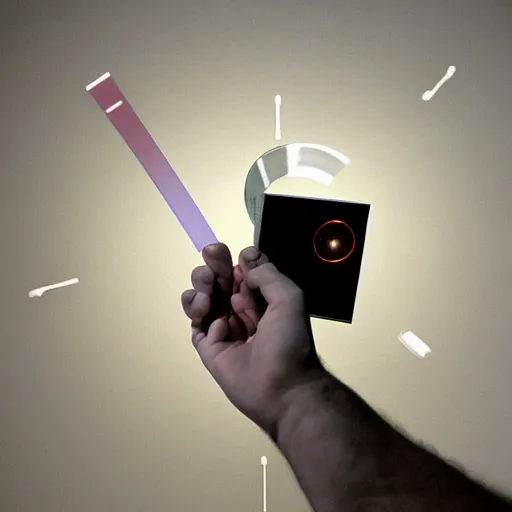 Prompt: A performance art. A rip in spacetime. Did this device in his hand open a portal to another dimension or reality?! Star Wars by Richard McGuire bold