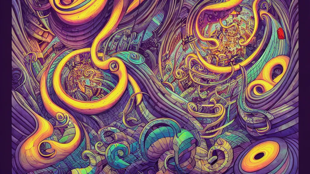 Image similar to twisted turn of fate abstraction, centered award winning ink pen illustration, isometric abstract illustration by dan mumford, edited by craola, technical drawing by joe fenton and tooth wu, tiny details by artgerm watercolor girl, symmetrically isometrically centered