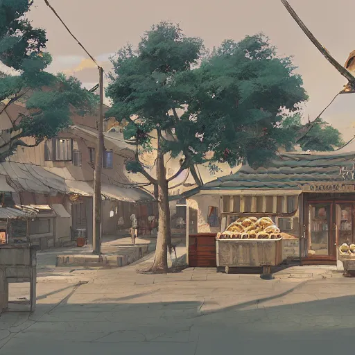 Image similar to concept art painting of a bakery with european and japanese architecture, in a village surrounded by trees, realistic, detailed, cel shaded, in the style of makoto shinkai and greg rutkowski and james gurney