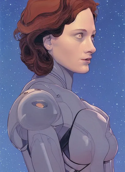 Image similar to a close up on the face of a beautiful woman in a future space suit artwork by james jean and Phil noto