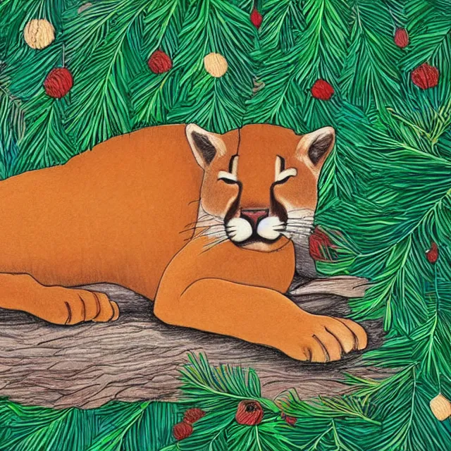 Image similar to crayon colouring book showing 'a cougar sleeping in the middle of snowy pine tree' laying on coffee table, zoomed out shot, HD