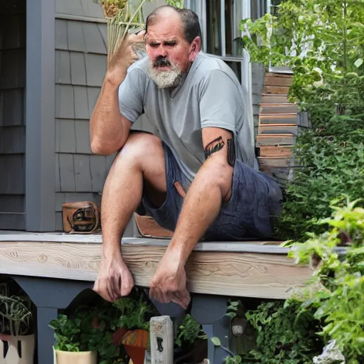 Image similar to a photograph of an ordinary man hanging out on his deck, looking scared to be