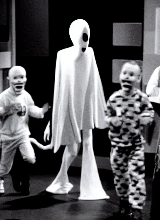 Image similar to creepy realistic scary gangly ghost monster invades the crowded set of a 9 0's childrens tv gameshow, everyone runs in horror, grainy black and white surveillance