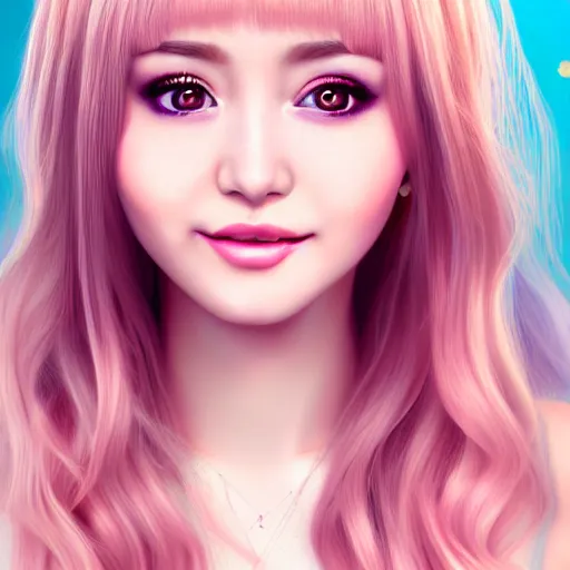 Image similar to beautiful hyperrealism hyperdetailed portrait of nikki from shining nikki dress - up game, a cute young woman, light pink hair, long hair with full bangs, full heart - shaped face, amber eyes, pale skin, light blush, chinese heritage,, smiling softly, golden hour, soft focus, 8 k,