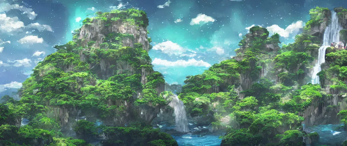 Image similar to a small crumbling island with waterfalls flowing off the island, floating in space, studio ghibli, digital art, detailed, depth of field