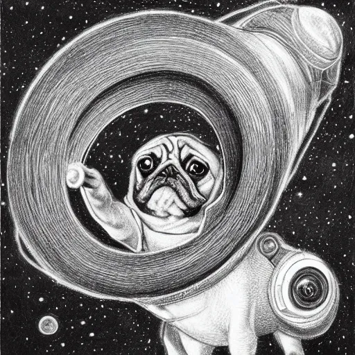 Image similar to pencil art, golden - ratio, spirals, highly detailed, astronaut pug in outer space by davinci.