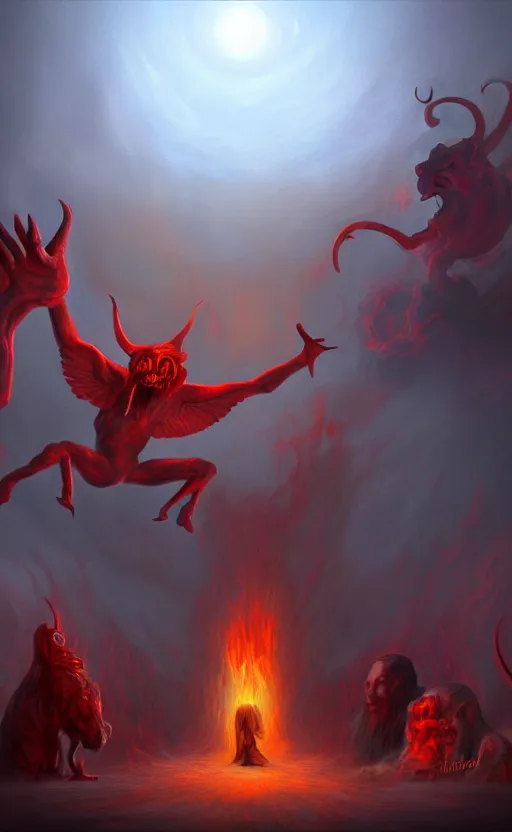 Image similar to Meeting God in Hell, digital art, trending on art station