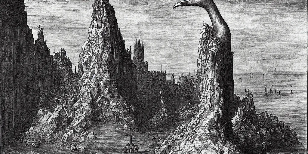 Prompt: gargantuan goose guarding the gates of hell, art by gustave dore, hieronimus bosch