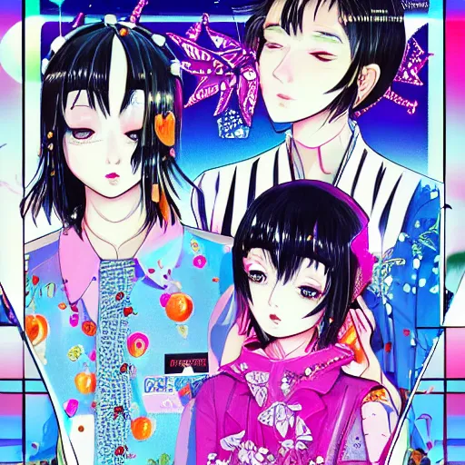 Image similar to ai yazawa cover illustration of very symmetrical portrait of teens in fruits magazine steetwear illustration of cute cool fashion worn in the far future with glowing led lights and plants, futuristic!!! haute couture fashion!!!!, nanotechnology and cybernetics!!! and solar power and prosthetic, detailed elegant manga illustration intaglio