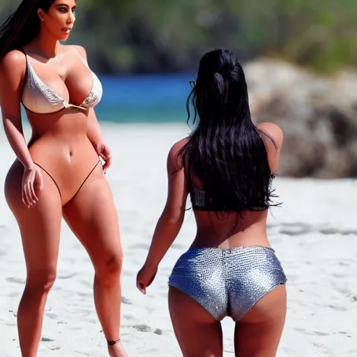 Image similar to kim kardashian fights ariana grande on hot sunny beach