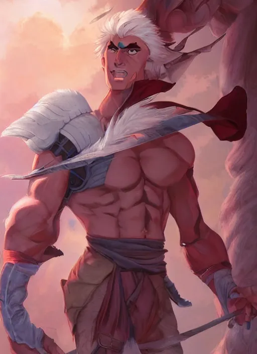 Image similar to official digital painting artwork of a male warrior character by don bluth, artgerm ross tran and studio ghibli.