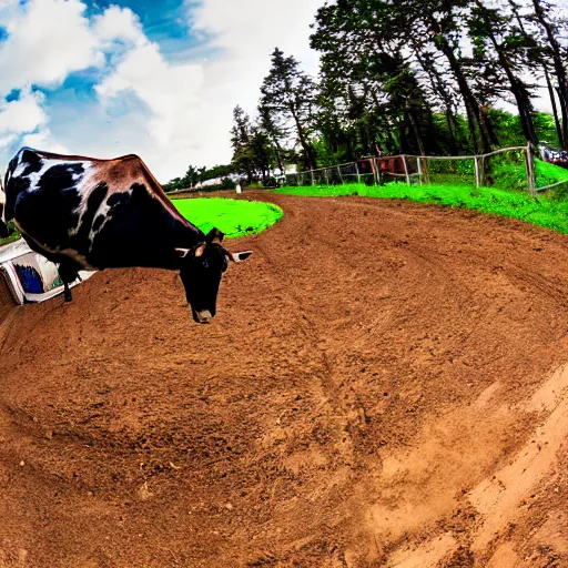 Prompt: a cow doing a motocross jump, fisheye lens