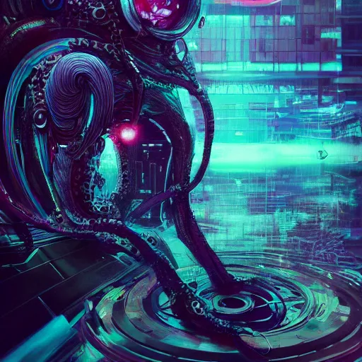 Image similar to portrait of a squid monster. intricate abstract. cyberpunk, vhs glitch. intricate artwork. by Tooth Wu, wlop, beeple, dan mumford. octane render, trending on artstation, greg rutkowski very coherent symmetrical artwork. cinematic, hyper realism, high detail, octane render, 8k